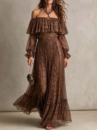 Robe bohème à volants épaules dénudées manches longues imprimée robe d'été - milanoo.com - Modalova