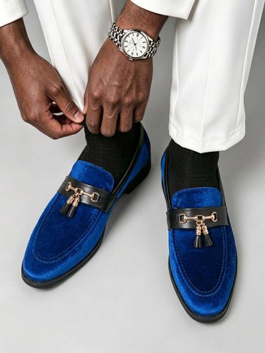 Mocassinss en velours bleu à bout rond chaussures de soirée à enfiler avec pompons - milanoo.com - Modalova