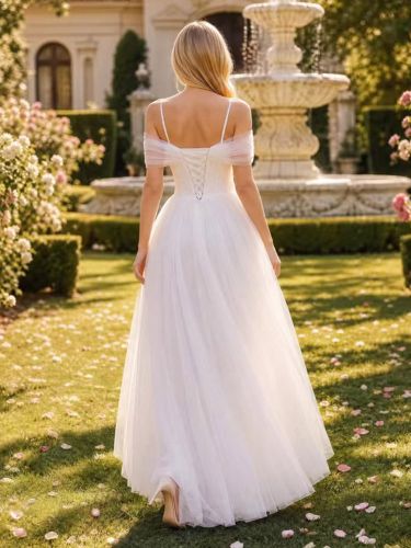 Robe de mariée simple en tulle épaules dénudées manches courtes boutons coupe trapèze - milanoo.com - Modalova