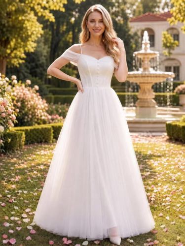 Robe de mariée simple en tulle épaules dénudées manches courtes boutons coupe trapèze - milanoo.com - Modalova