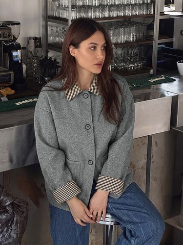 Veste courte ample à col et poignets en laine mélangée - milanoo.com - Modalova