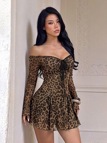 Robe mini imprimée léopard à épaules dénudées manches longues évasées volants en résille robe de soirée - milanoo.com - Modalova