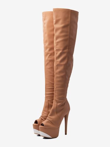 Bottes cuissardes grandes tailles à plateforme bout ouvert fronces et talons hauts - milanoo.com - Modalova
