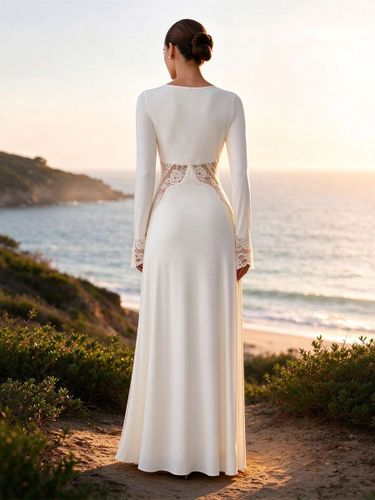 Robe de soirée à manches longues en dentelle ajourée robe de mariée col en V coupe ajustée robe de plage - milanoo.com - Modalova