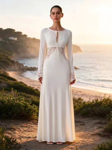 Robe de soirée à manches longues en dentelle ajourée robe de mariée col en V coupe ajustée robe de plage - milanoo.com - Modalova