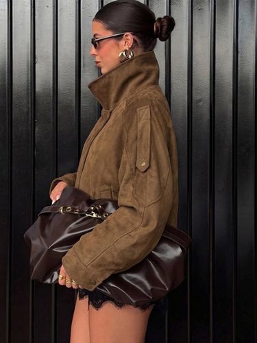 Veste marron chic à col rabattu et fermeture éclair - milanoo.com - Modalova