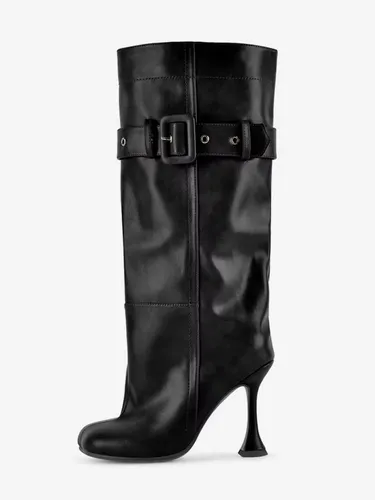 Bottes noires montantes à bout carré et talons hauts avec boucle - milanoo.com - Modalova
