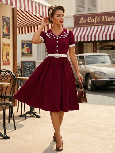Robe trapèze à manches bouffantes col Peter Pan et broderies double épaisseur collection 2026 - milanoo.com - Modalova