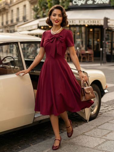 Robe trapèze à manches courtes et col rond ornée d'un nœud sur le côté collection 2026 - milanoo.com - Modalova