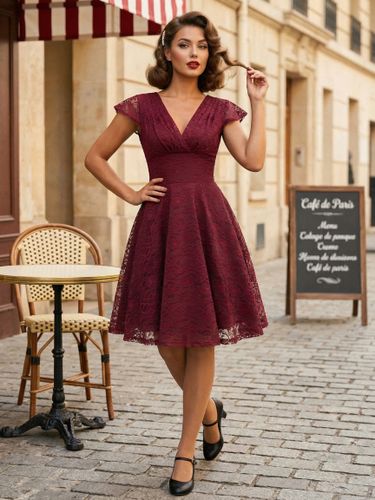 Robe midi vintage en dentelle années 1950 - Col en V manches courtes coupe trapèze robe de cocktail/bal - Tenue d'invitée de mariage 2026 - milanoo.com - Modalova