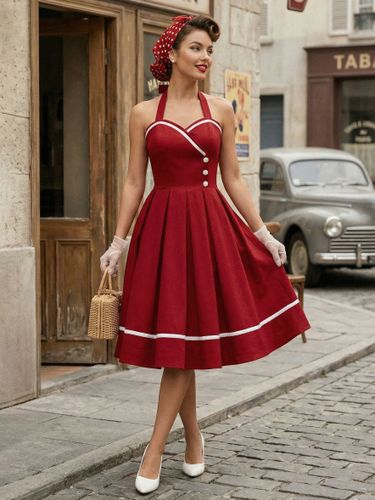 Robe glamour rétro style années 50 bordeaux à boutons superposés sans manches décolleté cœur coupe trapèze - milanoo.com - Modalova