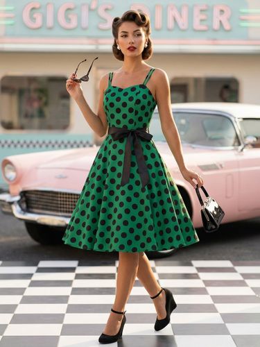 Robe midi trapèze vintage à pois - Robe d'été rockabilly trapèze ceinturée années 50 - Idéale pour les fêtes d'été 2026 - milanoo.com - Modalova