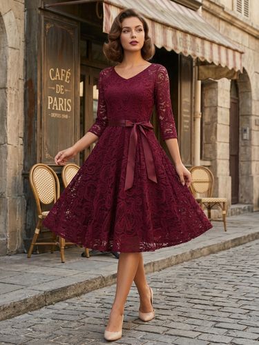 Robe trapèze vintage en dentelle - Années 1950 col en V manches 3/4 ceinture coupe midi - Invitée à un mariage de printemps 2026 - milanoo.com - Modalova