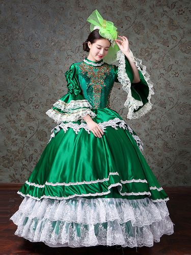 Robe de bal vintage style victorien rococo ornée de dentelle manches évasées col montant et volants en dentelle - milanoo.com - Modalova