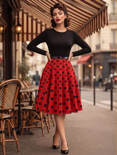 Robe trapèze vintage à pois - Robe midi trapèze à manches longues et ceinture style rockabilly années 50 - Tenue rétro printemps 2026 - milanoo.com - Modalova