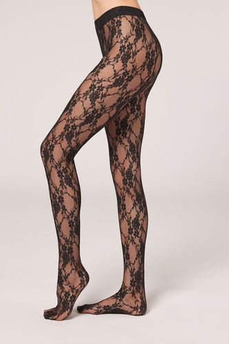 Floral Lace Fabric Tights Woman Black Size XS - Calzedonia - Modalova