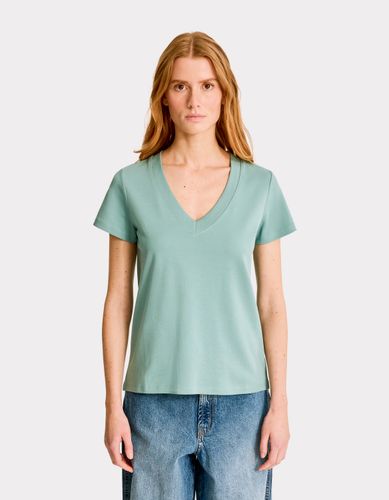 T-shirt en coton doux col V - vert - celio - Modalova