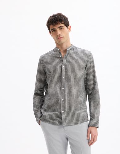 Chemise regular rayé col mao en lin et coton - noir - camaieu - Modalova