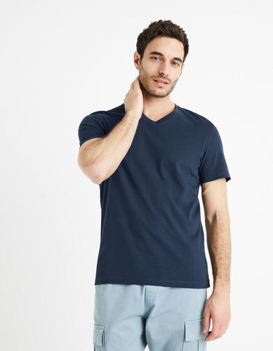 T-shirt col V 100% coton -marine - celio - Modalova