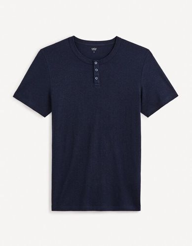 T-shirt col henley en lin mélangé - marine - celio - Modalova
