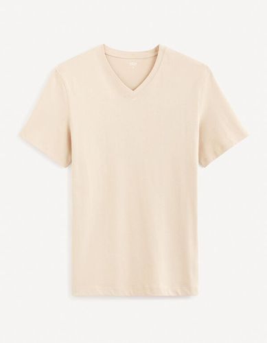 T-shirt col v en coton - beige - celio - Modalova