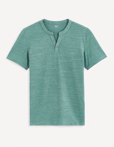 T-shirt col henley coton mélangé -vert foncé - celio - Modalova