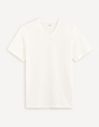 T-shirt col V en coton - écru - celio - Modalova