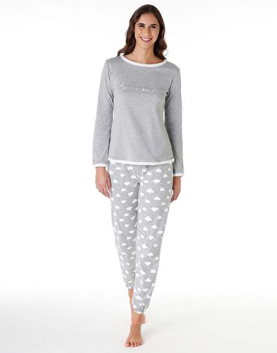 Pyjama long en coton interlock, gris mélangé avec imprimé - DIM - Modalova