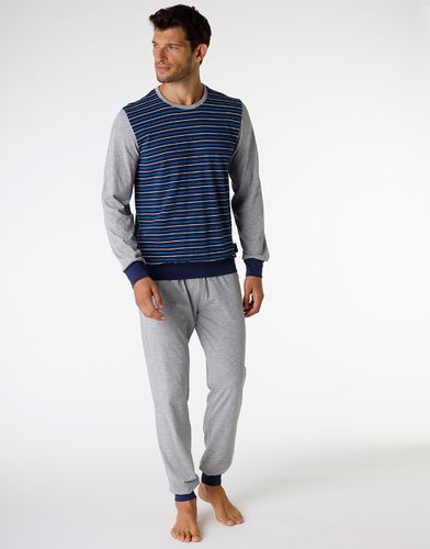 Pyjama long en jersey, rayé bleu et gris chiné - DIM - Modalova