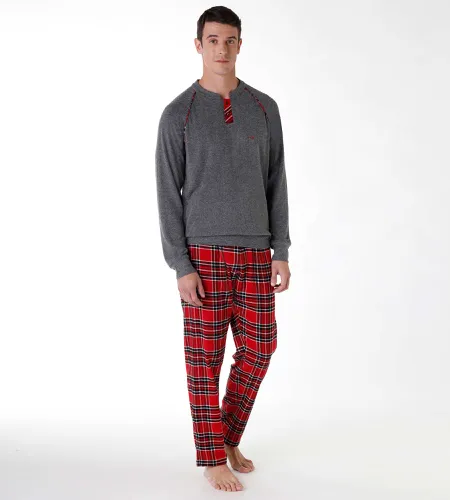 Pyjama longs en coton interlock et flanelle, gris et rouge - DIM - Modalova