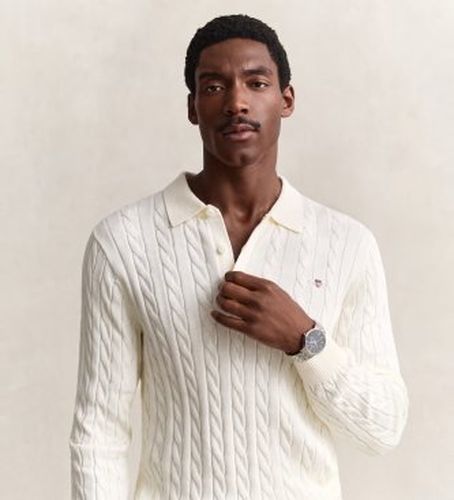 Polo en maille torsadée couleur crème (S), , Casuel, Coton, Classique, Manche longue - Gant - Modalova