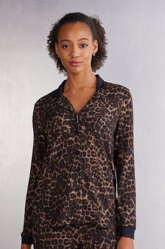 Luxurious Leopard Modal Long Sleeve Button-Up Shirt Woman Black Size M - Intimissimi - Modalova