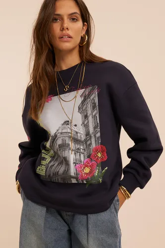 Sweat bleu marine avec fleurs 'Bonjour' | - My jewellery - Modalova