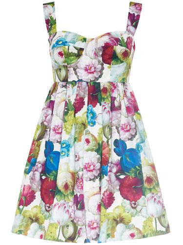 Robe Courte En Popeline De Coton Imprimé Fleurs - DOLCE & GABBANA - Modalova