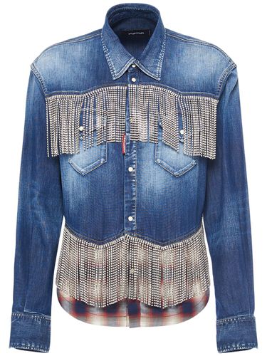 Chemise En Denim Et Tartan Avec Franges Cristaux - DSQUARED2 - Modalova