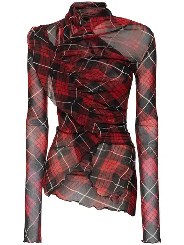 Haut Drapé En Mesh Imprimé Distorted Tartan - JEAN PAUL GAULTIER - Modalova