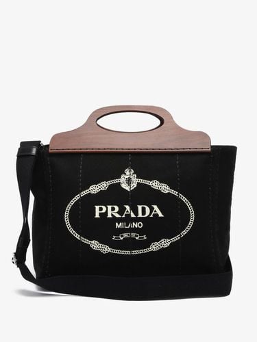 Cabas en toile à poignées en bois et imprimé logo - Prada - Modalova