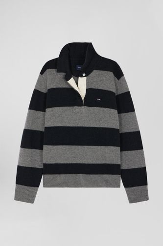 Pull col polo en laine et cachemire rayé gris foncé et noir - Eden Park - Modalova