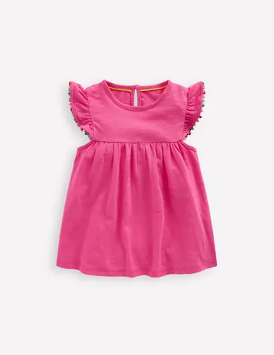Top à manches volantées et pompons-Rose flamant - Boden - Modalova