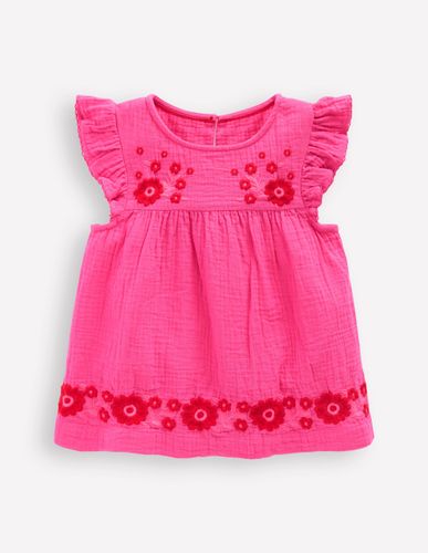 Top double-étoffe à manches volantées-Broderie rose sorbet - Boden - Modalova