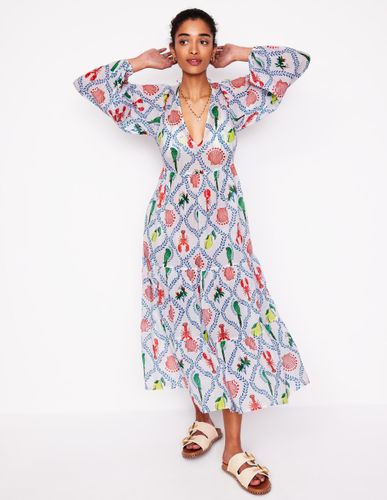 Caftan en coton à col V et volants-Ivoire, motif Tropical Bonanza - Boden - Modalova