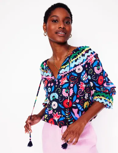 Blouse smockée en coton-Bleu marine foncé, motif Decorative Garden - Boden - Modalova