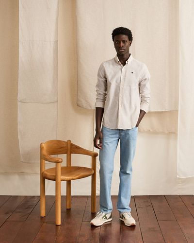 Chemise lin rayée crème et camel - FAGUO - Modalova