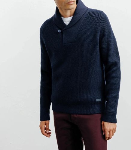 Pull en laine col châle marine - IZAC - Modalova