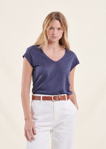 T-shirt bleu marine en lin manches courtes - La Fée Maraboutée - Modalova