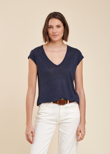 T-shirt bleu marine en lin manches courtes - La Fée Maraboutée - Modalova