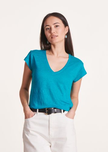 T-shirt bleu en lin manches courtes - La Fée Maraboutée - Modalova