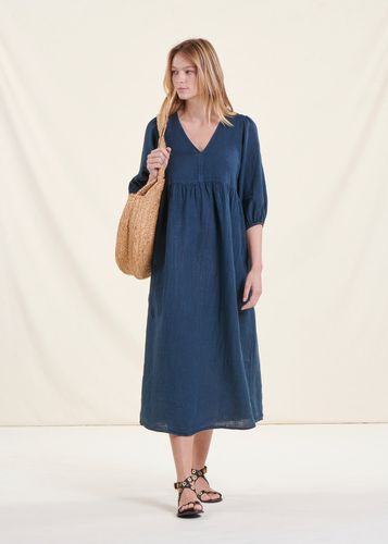 Robe longue bleu pétrole en lin - La Fée Maraboutée - Modalova