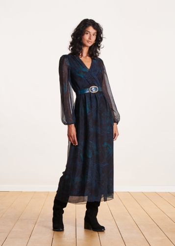 Robe longue en voile imprimé noir et bleu - La Fée Maraboutée - Modalova