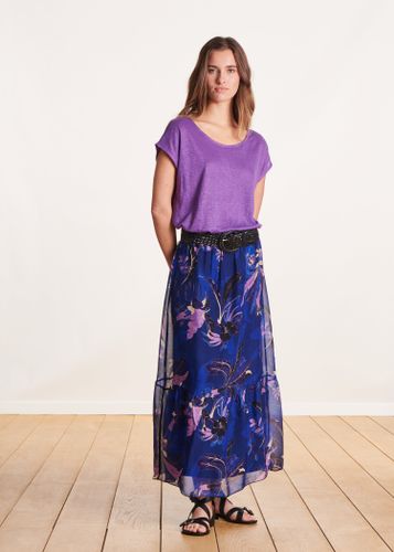 Jupe longue bleue en voile viscose/soie imprimé fleuri - La Fée Maraboutée - Modalova